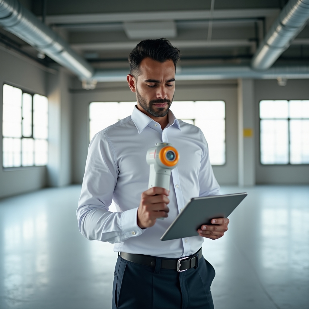 Tecnico che misura e mappa uno spazio ufficio vuoto