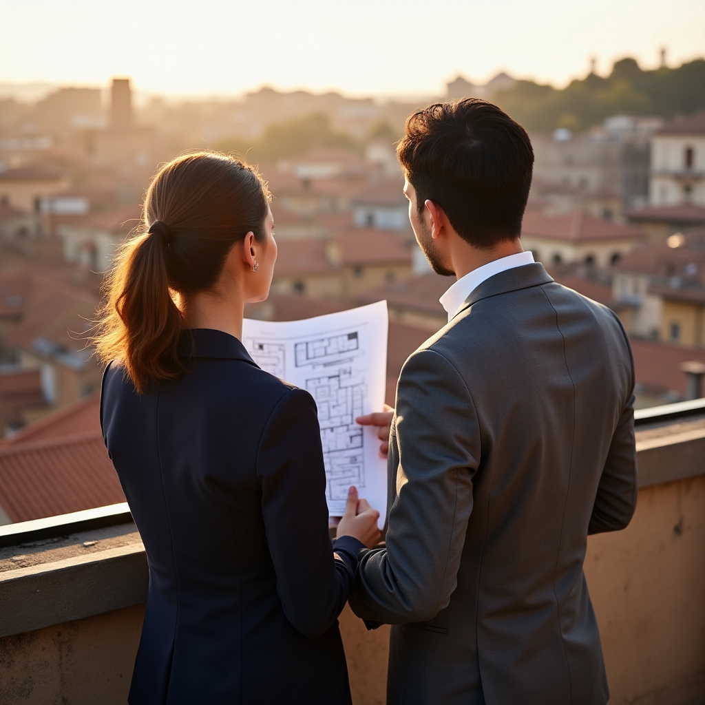 Vista panoramica di Verona con team di pianificazione spazi su terrazza